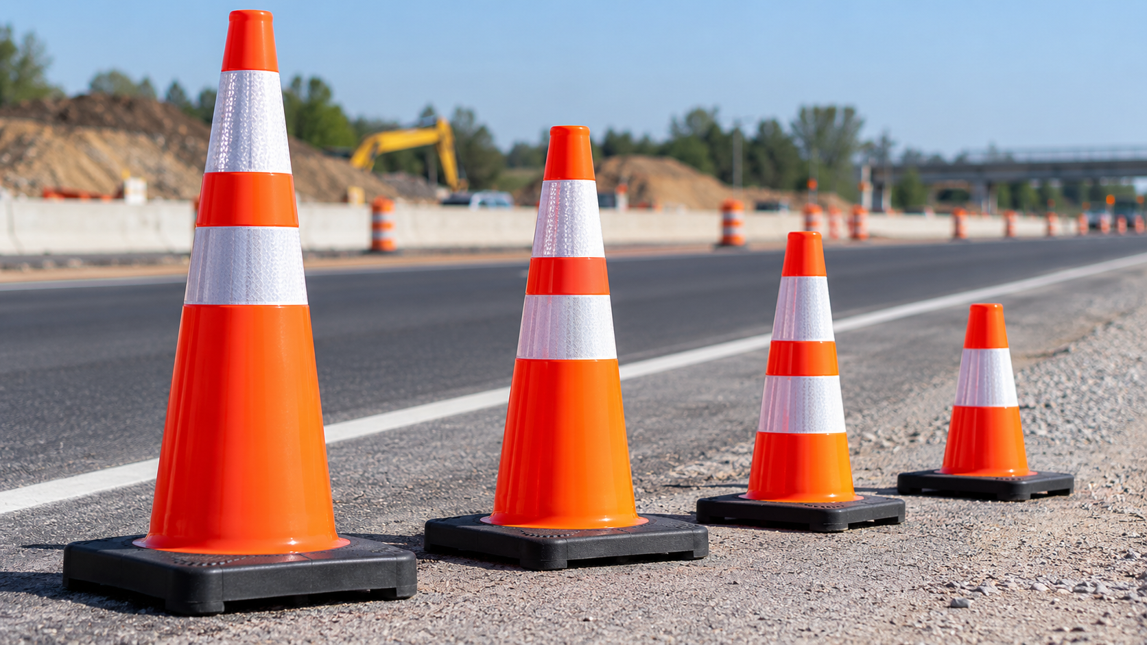 Reflective orange traffic cones with black bases at a roadwork site